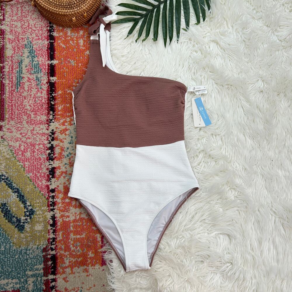 NEW Cupshe Neutral Brown White One Shoulder One Piece Swimsuit Medium Summer - Picture 1 of 5